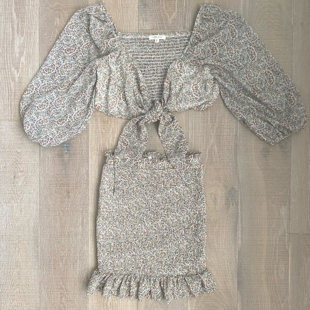 Cozy Fox floral print 2 piece mini dress with ruffle hem and tie front top